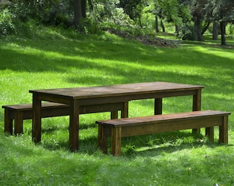 Wood Farmhouse Table and Bench Set | Rustic Farmhouse Solid Wood Dining Room Table & 2 Bench Set