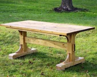 Wood Trestle Farmhouse Table |  Rustic Farmhouse Trestle Solid Wood Beam Pedestal Dining Room Table