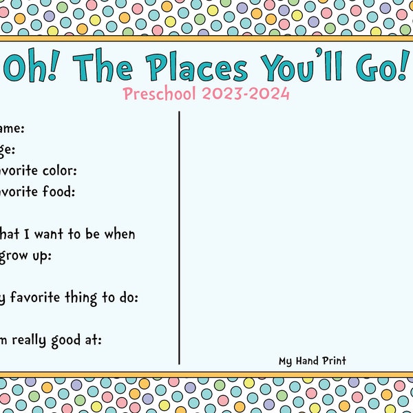 PRINTABLE Preschool Graduation Diploma, "Oh! The Places You'll Go", Preschool diploma 2024