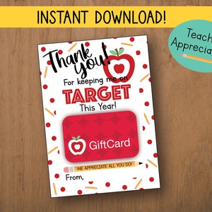 PRINTABLE Target gift card holder, Teacher Appreciation, Thanks for keeping me on Target, Teacher gift Printable, Teacher Birthday