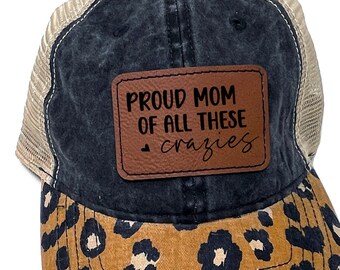 Womens Baseball Hat leather patch leopard trucker, cool mom hat, ponytail cap