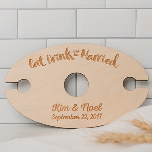 Wine Glass Holder Wedding Gift Eat Drink & Be Married Personalized Wood Wine Glass Carrier image 1