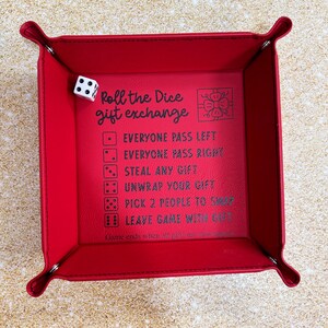 Dice game Christmas gift exchange tray with directions, 6" x 6" red leatherette, family and office holiday party fun, white elephant game