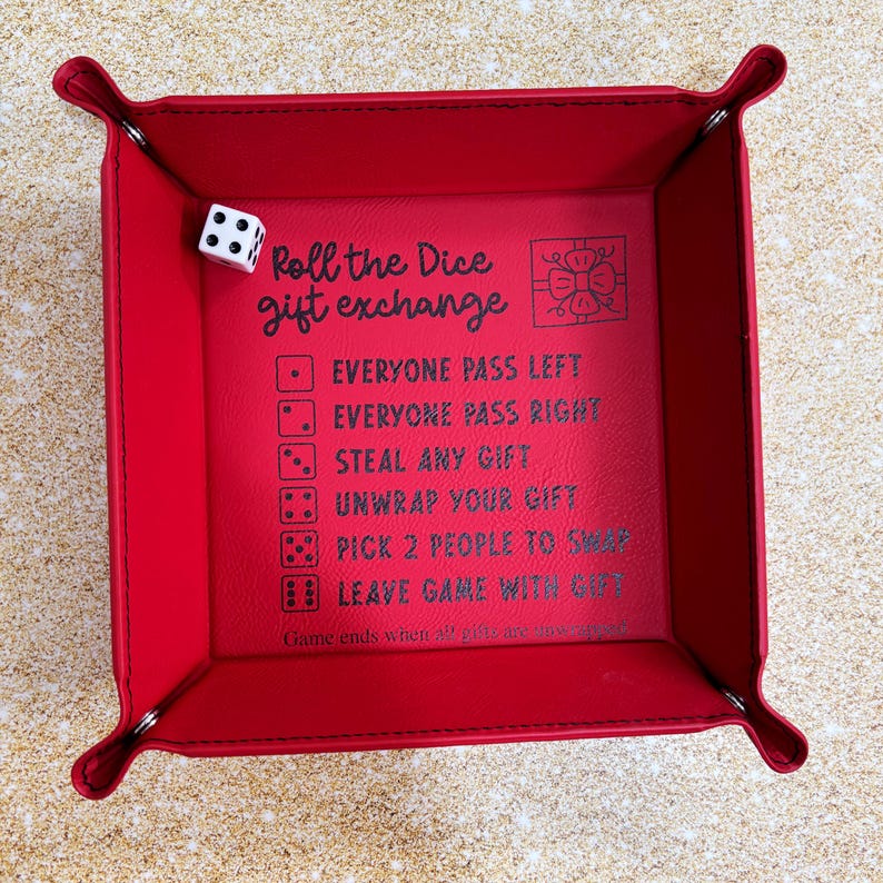 Dice game Christmas gift exchange tray with directions, 6" x 6" red leatherette, family and office holiday party fun, white elephant game