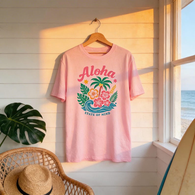 A pink t-shirt with a tropical design hanging on a wooden hanger, with a straw hat and a wicker chair in the background.