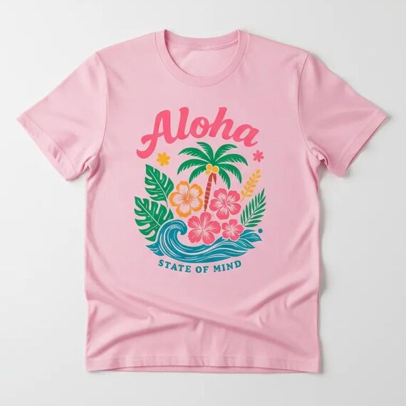 Tropical Tee Aloha State Of Mind, Monstera Leaf Pink Graphic Tee, Colorful Tee Beach Wear Tee, Bright Summer Tee Ladies Top