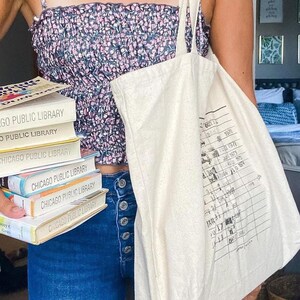 A person is holding a stack of books and a white tote bag with handwritten text on it, standing in a room with a bed visible in the background.