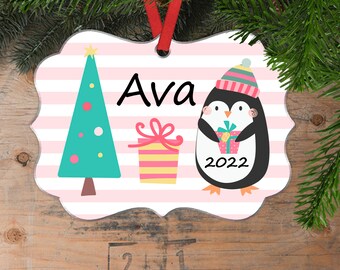 Girl Christmas Ornament - Pink Stripe Personalized Christmas Ornament - Pastel Penguin Christmas Ornament for Girls