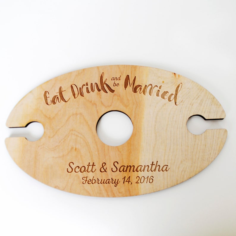 Wine Glass Holder Wedding Gift Eat Drink & Be Married Personalized Wood Wine Glass Carrier image 6