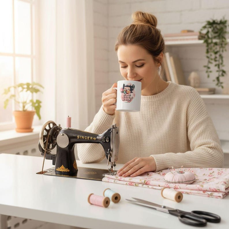 A woman is sitting at a table, drinking from a mug while working on a sewing machine.