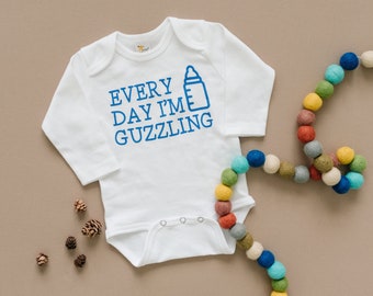 Funny Baby Shirt - Newborn Baby Boy Gift - Every Day I'm Guzzling Funny Baby Bodysuit - Blue Baby Boy One Piece Creeper