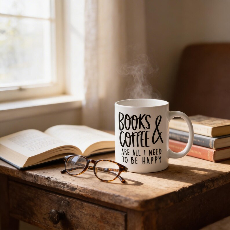 A mug with the text "Books & Coffee are all I need to be happy" sits on a wooden table next to a pair of glasses and a stack of books.