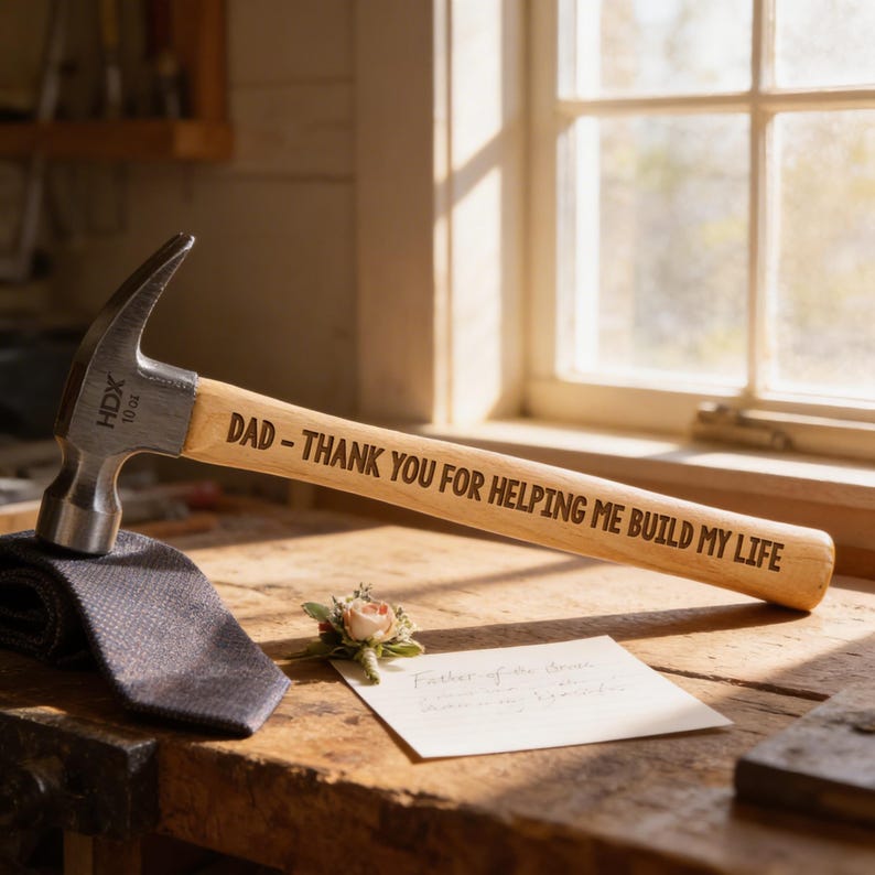 a wooden hammer with a personalized message engraved on it, placed on a wooden workbench next to a note and a flower.