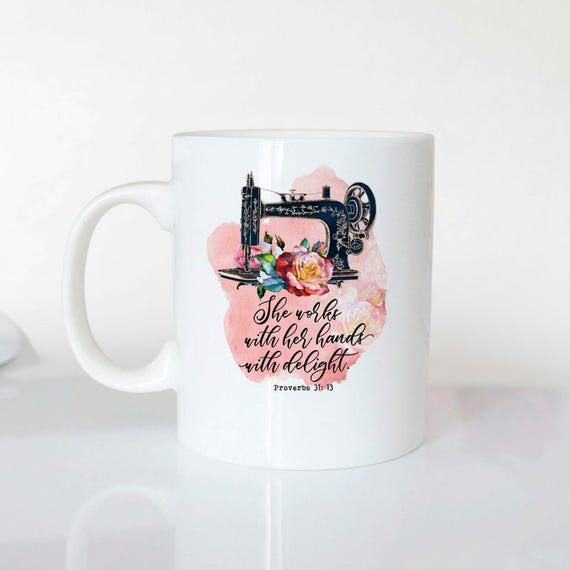 Proverbs 31 Woman Coffee Mug, Watercolor Flowers, Sewing Machine Art, Bible Verse Mug, Christian Faith Gift, Faith Inspired Gift