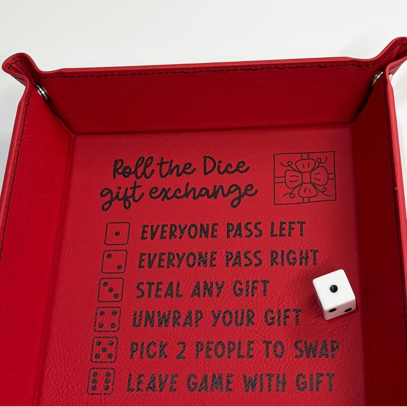 Dice game Christmas gift exchange tray with directions, 6" x 6" red leatherette, family and office holiday party fun, white elephant game