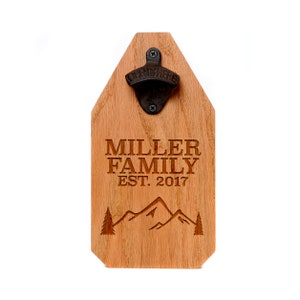 Welcome Wood Sign Personalized Beer Bottle Opener Wood Sign Mountains & Evergreen Tree Name Sign image 1