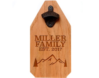 Welcome Wood Sign - Personalized Beer Bottle Opener Wood Sign - Mountains & Evergreen Tree Name Sign