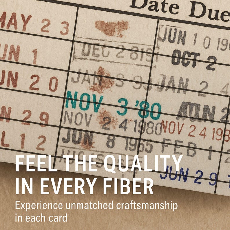 The image is a close-up of a card with a printed date and a message encouraging the viewer to feel the quality in every fiber.