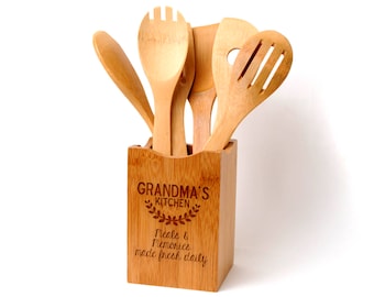 Bamboo Kitchen Utensil Holder - Personalized Gift for Grandma