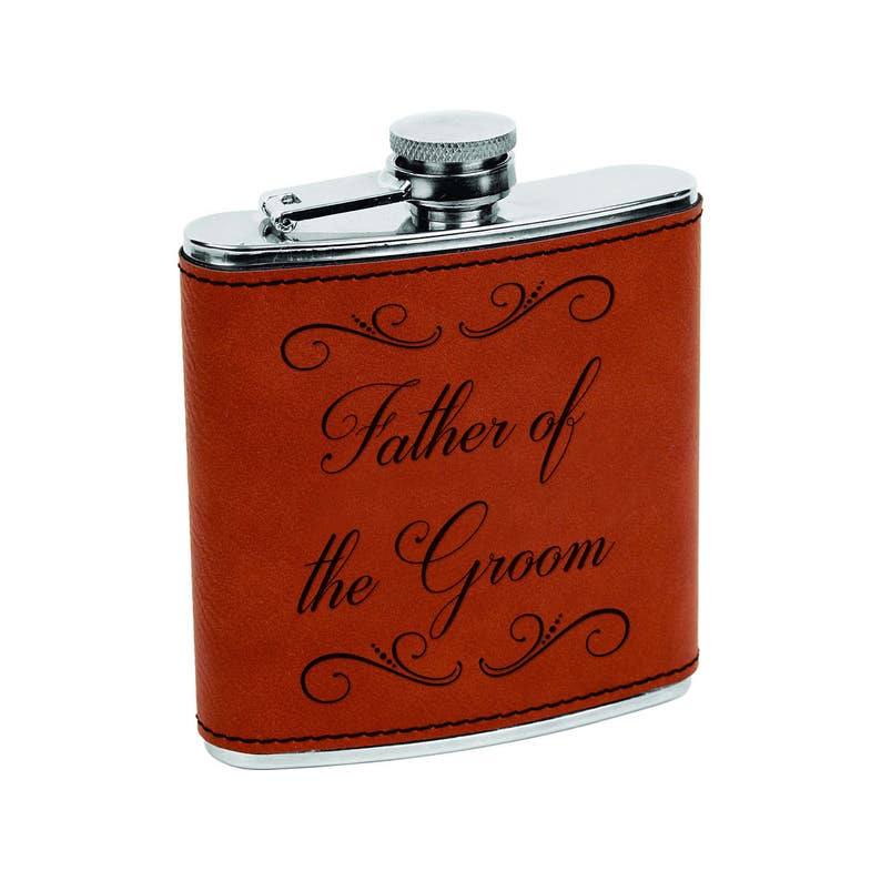 Father of the Groom Father of the Bride Gift Flasks Custom Rawhide & Silver Flask image 2