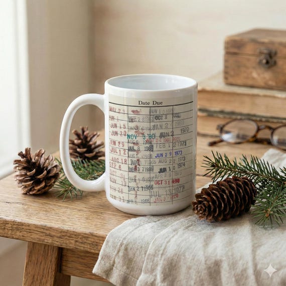 Library Mug Coffee Cup, Retro Library Card Design, Bookish Mug Reading Gift, Gift For Reader, Cozy Bookworm Literary Mug, Librarian Present