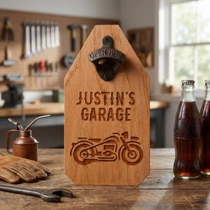 Motorcycle Sign Personalized Gift, Rustic Bottle Opener Wood Sign, Biker Gift for Him, Garage Sign, Beer Lover Gift, Birthday Gift