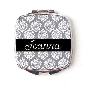 Bridesmaid Gifts Personalized Compact Mirror, Personalized Bridesmaids Gifts, Gray Damask Compact Mirrors, custom bridesmaid gifts thank you image 1