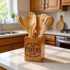 Personalized Bamboo Utensil Holder – Engraved Kitchen Organizer, Wedding Gift