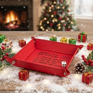 Dice game Christmas gift exchange tray with directions, 6" x 6" red leatherette, family and office holiday party fun, white elephant game