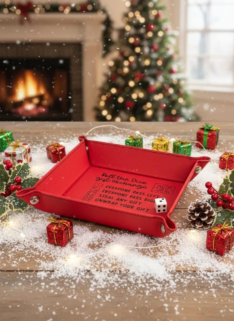 Dice game Christmas gift exchange tray with directions, 6" x 6" red leatherette, family and office holiday party fun, white elephant game