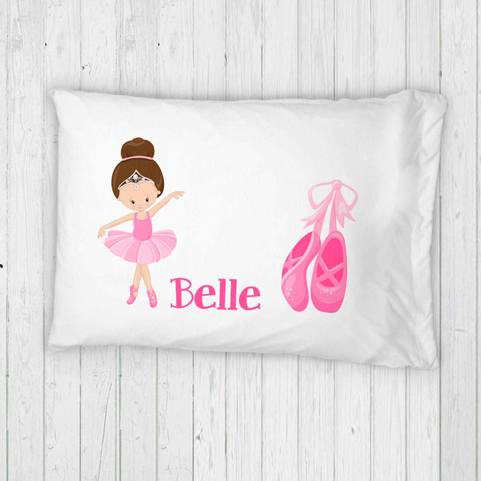 personalized ballerina bed pillowcase // standard twin pillow with pink ballet shoes and girls name // ballet pink room decor