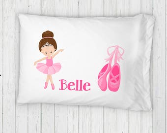 Personalized Ballerina Bed Pillowcase, Standard Twin Pillow with Pink Ballet Shoes and Girls Name, Pink Ballet Room Decor, Ballet Recital