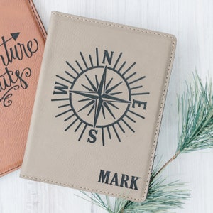 Personalized Passport Cover with Compass Design, Custom Travel Gift for Him, Engraved Faux Leather Passport Holder, Birthday Christmas Gift