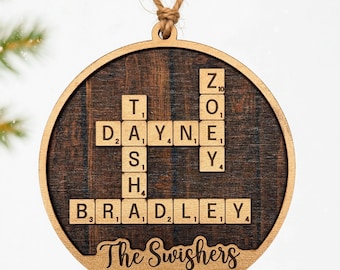 Family Name Ornaments Laser Engraved - Custom Crossword Puzzle Wooden Christmas Ornament