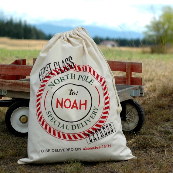 Custom Santa Sack, Personalized Cotton Canvas Christmas Bag, Name Printed Present Sack, Large Holiday Gift Bags for Kids