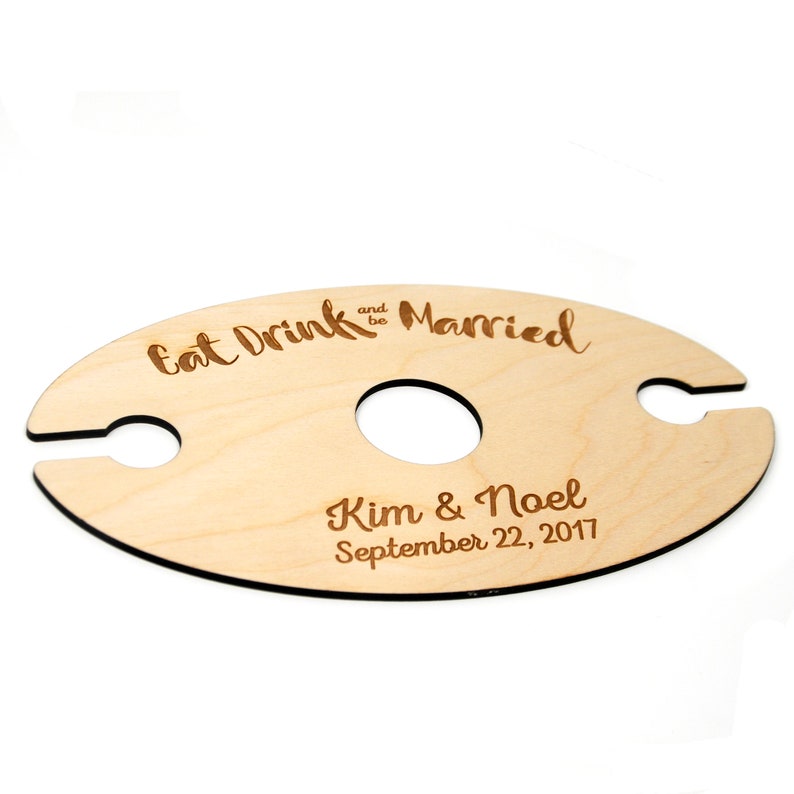 Wine Glass Holder Wedding Gift Eat Drink & Be Married Personalized Wood Wine Glass Carrier image 2