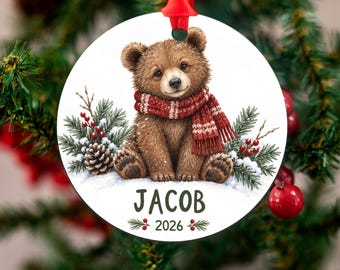 Personalized Bear Christmas Ornament, Custom Baby's First Christmas, Kids Name Ornament, Bear Cub Holiday Decor, Gift Boxed