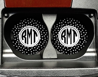 Monogram Car Cup Holder - Circle Monogram Sandstone Polka Dots Car Coasters