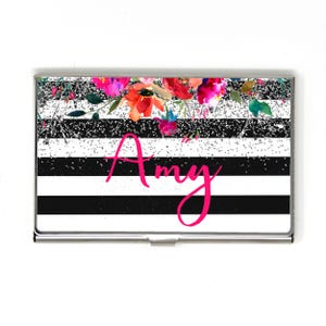 Business Card Case for Women, Personalized Black White Stripe Metal Card Holder with Floral & Glitter Design, Office Promotion Gift for her