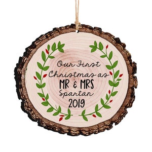 Wedding Gift, Our First Christmas as Mr & Mrs Christmas Ornament, Personalized Rustic Wood Slice Tree Ornament image 1