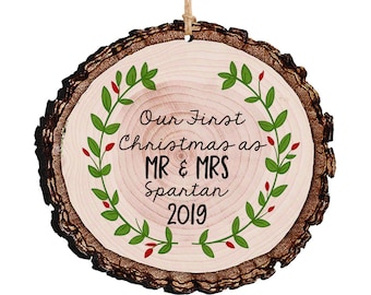 Wedding Gift, Our First Christmas as Mr & Mrs Christmas Ornament, Personalized Rustic Wood Slice Tree Ornament