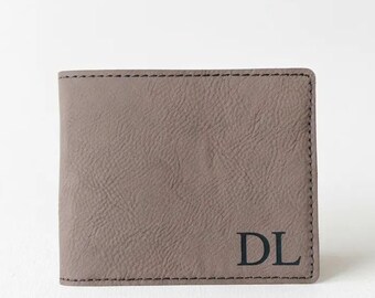 Engraved Wallet With Initials, Slim Wallet Men Brown Faux Leather Bifold, Compact Card Holder Wallet Groomsmen Gift For Husband