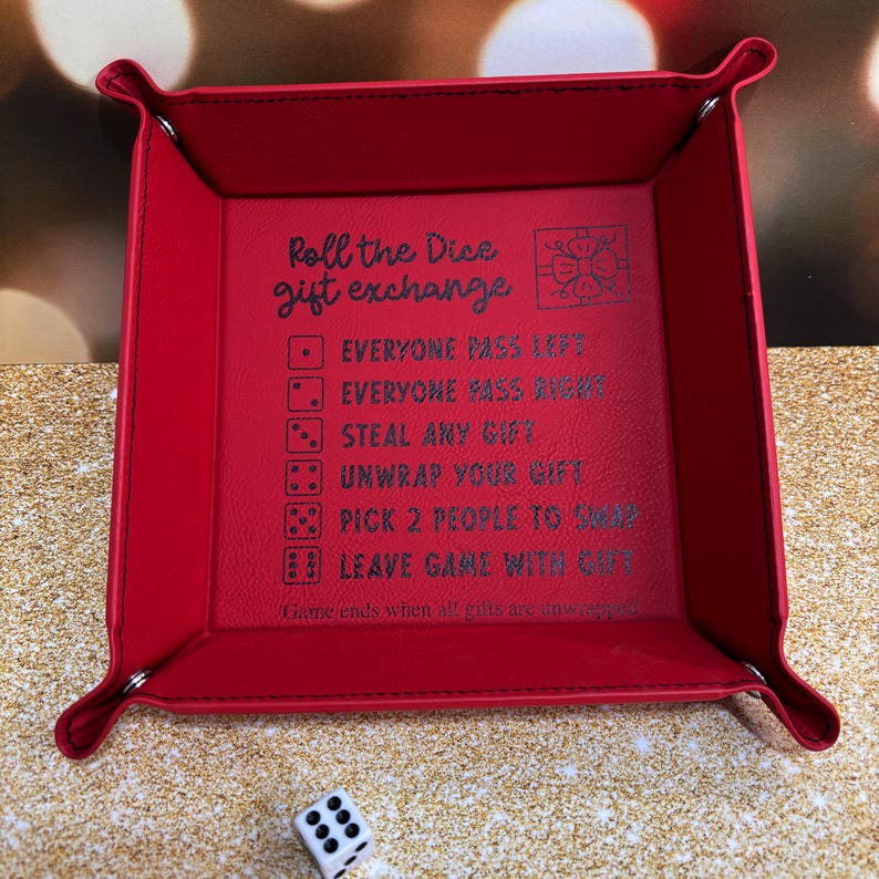Dice game Christmas gift exchange tray with directions, 6" x 6" red leatherette, family and office holiday party fun, white elephant game