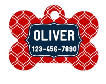 Custom Dog Tag Bone Shape – Red & Navy Pet ID Tag, Personalized Dog Tag With Name, Cute Dog Collar Tag, Pet Tag Custom Gift