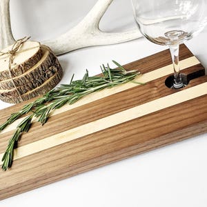 Serving Tray, Maple & Walnut Charcuterie Board, Wood Cheese Board with Wine Glass Holder, Appetizer Cutting Board with Wine Carrier image 1