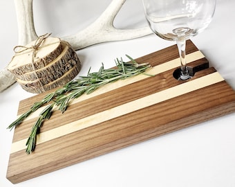 Serving Tray, Maple & Walnut Charcuterie Board, Wood Cheese Board with Wine Glass Holder, Appetizer Cutting Board with Wine Carrier