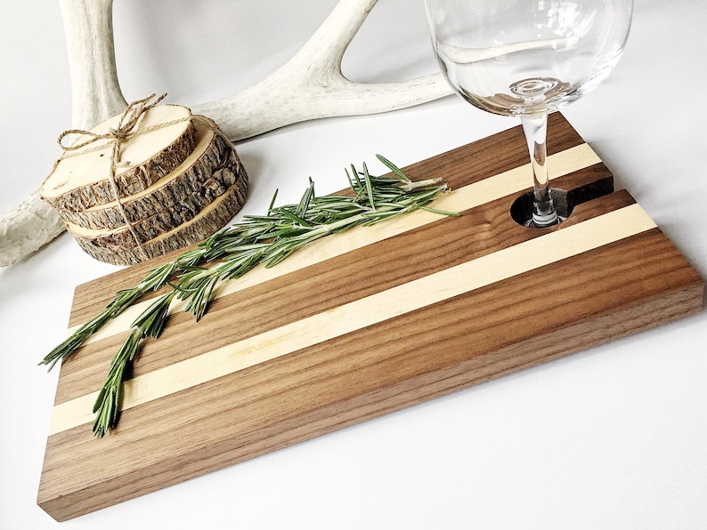 Serving Tray, Maple & Walnut Charcuterie Board, Wood Cheese Board with Wine Glass Holder, Appetizer Cutting Board with Wine Carrier image 1