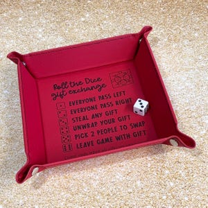 Dice game Christmas gift exchange tray with directions, 6" x 6" red leatherette, family and office holiday party fun, white elephant game
