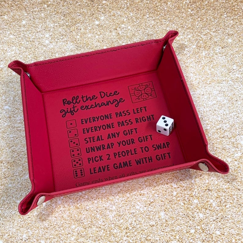 Dice game Christmas gift exchange tray with directions, 6" x 6" red leatherette, family and office holiday party fun, white elephant game