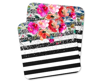 Floral Watercolor Coaster, Black White Stripe with Glitter Drink Coasters, housewarming gift, birthday gift for women, home decor